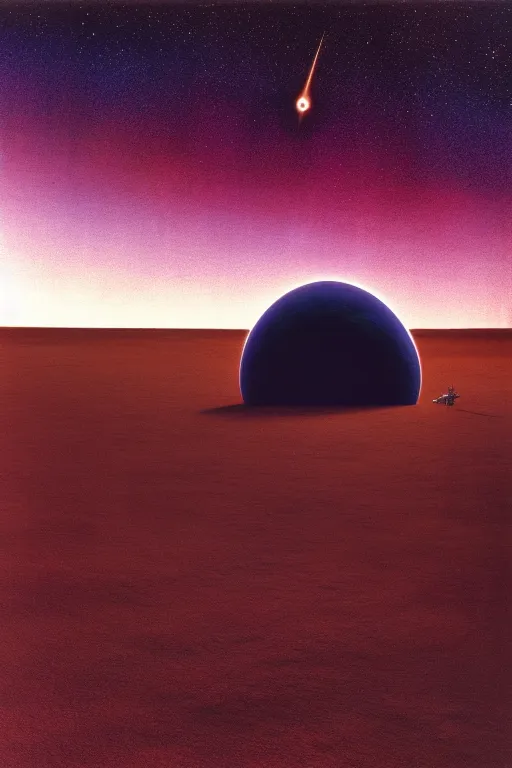 Prompt: emissary deep space by arthur haas and bruce pennington and john schoenherr, cinematic matte painting, zaha hadid and james turrell building, photo realism, dark color palate, golden hour stars, desolate desert landscape,