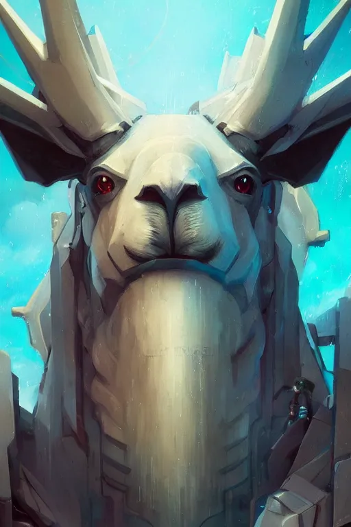 Image similar to closeup portrait of an evangelion beast mode llama, cyberpunk concept art by pete mohrbacher and artgerm and wlop and greg rutkowski and deathburger, digital art, highly detailed, intricate, sci-fi, sharp focus, Trending on Artstation HQ, deviantart, unreal engine 5, 4K UHD image, daily deviation, masterpiece llama art