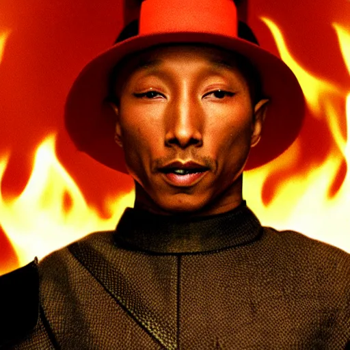 Image similar to cinematic film still Pharrell Williams starring as a Samurai holding fire, Japanese CGI, VFX, 2003, 40mm lens, shallow depth of field,film photography