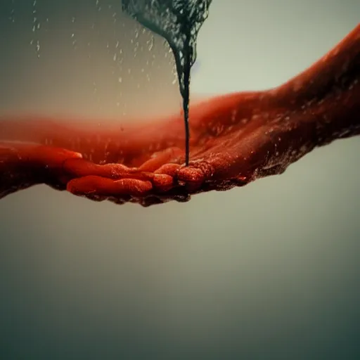 Prompt: a blurry closeup picture of hands around neck, dripping wet, no face, macro photography, long exposure photograph, surrealism, anamorphic bokeh, cozy, soft light, cyan and orange, caustic, atmospheric fog, octane render, cinematic