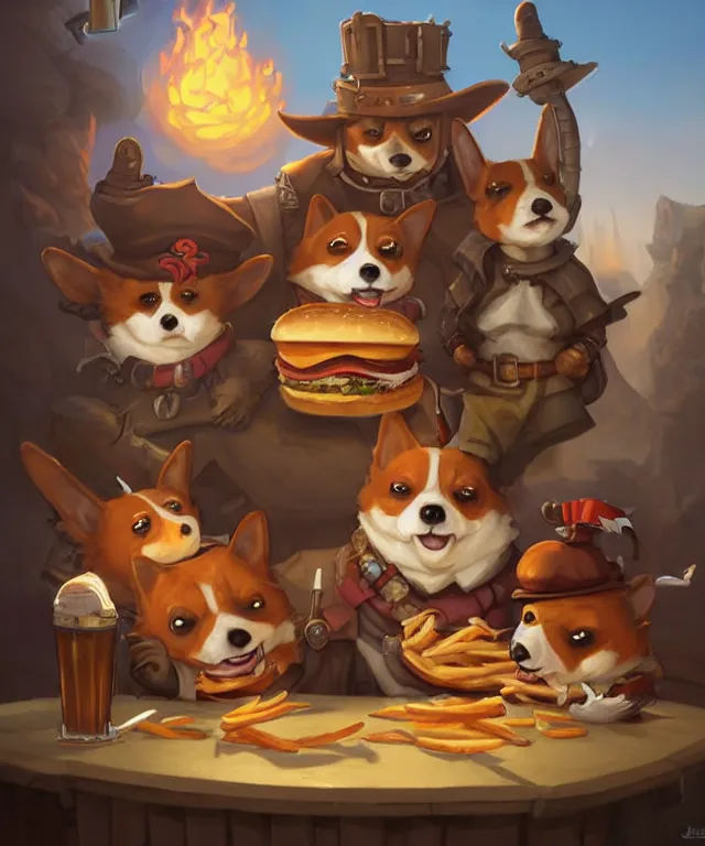 Image similar to a portrait of three anthropomorphic corgi pirates eating hamburgers and fries, restaurant in background, cute and adorable, dnd character art portrait, well rendered matte fantasy painting, deviantart artstation, by jason felix by steve argyle by tyler jacobson by peter mohrbacher, cinematic lighting