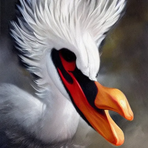 Prompt: hyperrealistic evil swan demon with long curly feathers, gritty horror oil painting, ultra detailed and disturbing