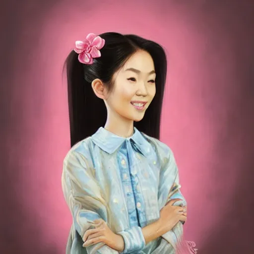 Prompt: portrait of asian girl, round face, brown hair, ponytails, half updo hairstyle, skinny, smile, attractive, small chin, wearing pink hair bow, polkadot blouse and skirt, earrings, intricate, elegant, glowing lights, highly detailed, digital painting, artstation, sharp focus, illustration, art by wlop, mars ravelo and greg rutkowski