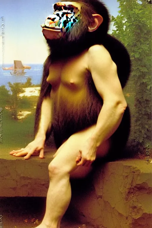 Prompt: portrait of one ape in astronaut helmet, by bouguereau