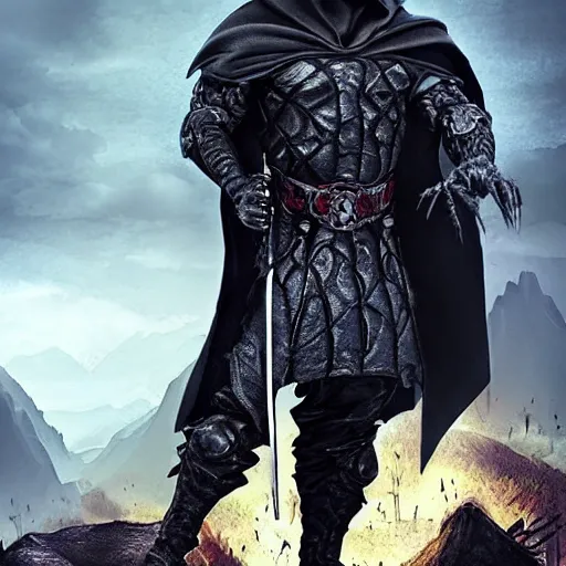 Image similar to a realistic full body of Konnor, a dragonblood, a black hood with black robes and a sword on his back, extremely realistic and detailed, standing in front of a mountain