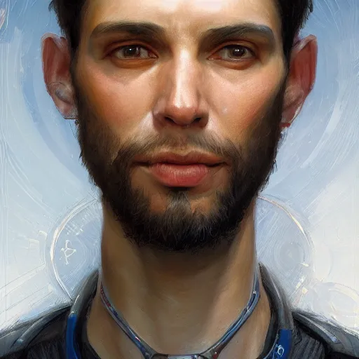 Image similar to the young latin goy as a realistic science fiction character, closeup portrait art by donato giancola and greg rutkowski and daniel dos santos, realistic face, digital art, trending on artstation