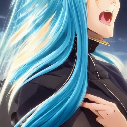 Prompt: profile shot of rimuru tempest looking forward, sky blue hair, ponytail, long bangs, gold eyes, black jacket with white stripes and a high collar, highly detailed, roman city, concept art, shutterstock, cinematic, wlop | artgerm, pixiv, ilya kuvshinov, greg rutkowski, yoshitaka amano