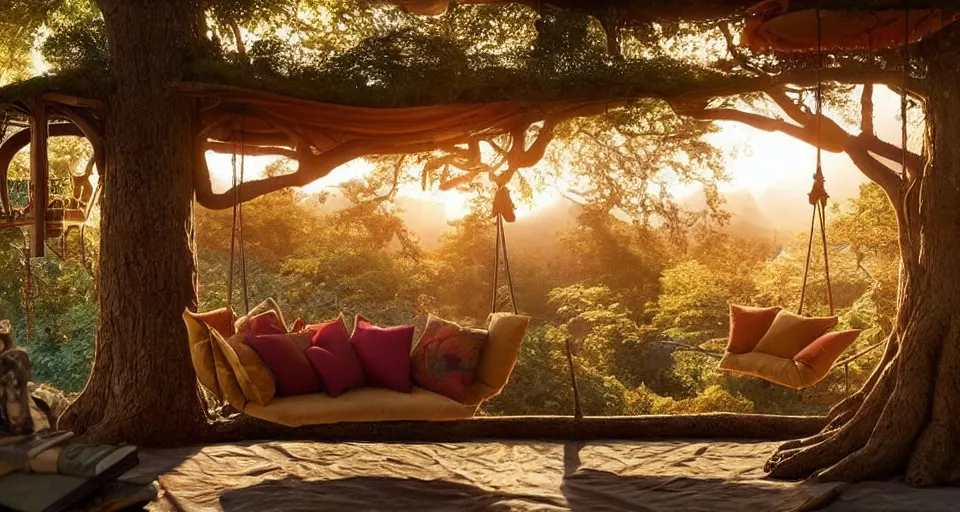 Image similar to an incredibly beautiful scene from a 2 0 2 2 marvel film featuring a cozy art nouveau reading nook in a fantasy treehouse interior. a couch with embroidered pillows. a tree trunk. suspended walkways. golden hour. 8 k uhd.