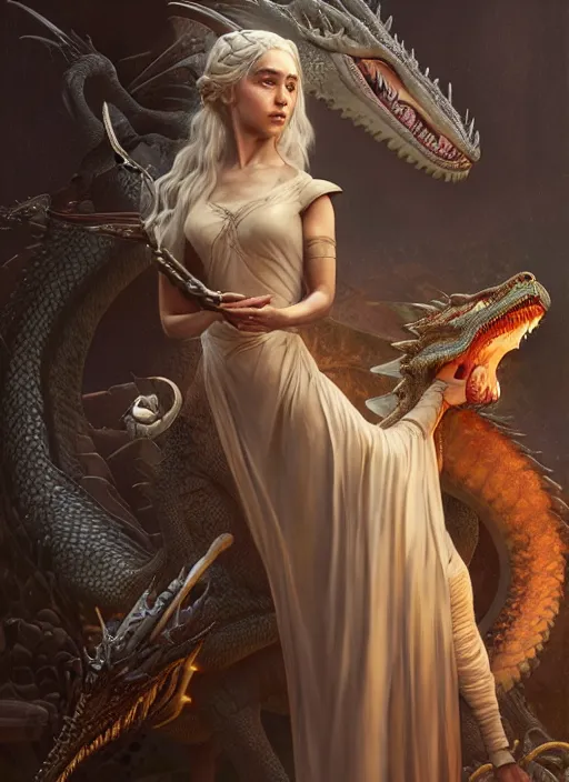 Image similar to a painting of Daenerys Targaryen in fantastic dress next to a dragon, by Jaime Jones,Tom Bagshaw,Lawrence Alma-Tadema,greg rutkowski,deviantart contest winner, fantasy art, daz3d,intricate,elegant,highly detailed,8k,digital painting,concept art, sharp focus, illustration,golden ratio