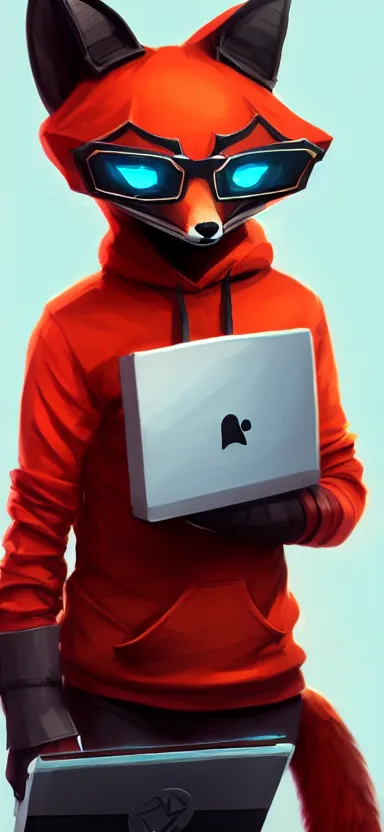 Image similar to a league of legends concept art of an anthropomorphic red fox in a black hoodie holding a portable computer, front view, hoodie with a hacker emblem, artstation, digital art, oc commission, style by jordan grimmer and greg rutkowski, 4 k resolution