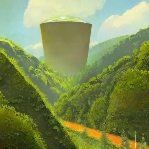 Image similar to vertical farm towers surrounding a sci - fi nuclear containment building in a steep - sided valley with trees, a sense of hope, in the style of edouard groult