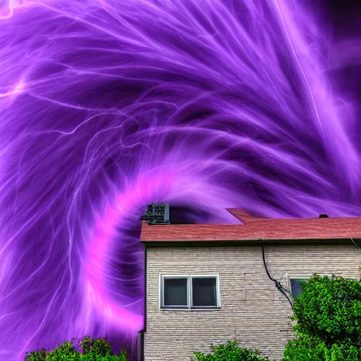 Prompt: Purple Tornado wreaking havoc in houses UHD 4K by michaelangelo captured on Niko D500