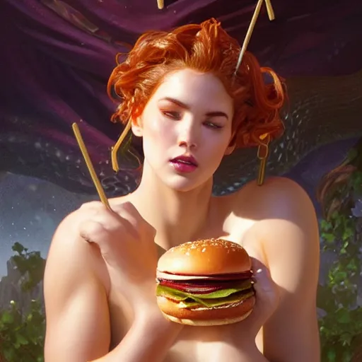 Image similar to portrait of hercules eating hamburgers, extra onions and ketchup, luscious patty with sesame seeds, feminine ethereal, handsome, d & d, fantasy, intricate, elegant, highly detailed, digital painting, artstation, concept art, matte, sharp focus, illustration, art by artgerm and greg rutkowski and alphonse mucha