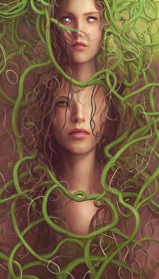 Image similar to very detailed portrait of a 2 0 years old girl surrounded by tentacles, the youg woman visage is blooming from fractal and vines, by marc simonetti