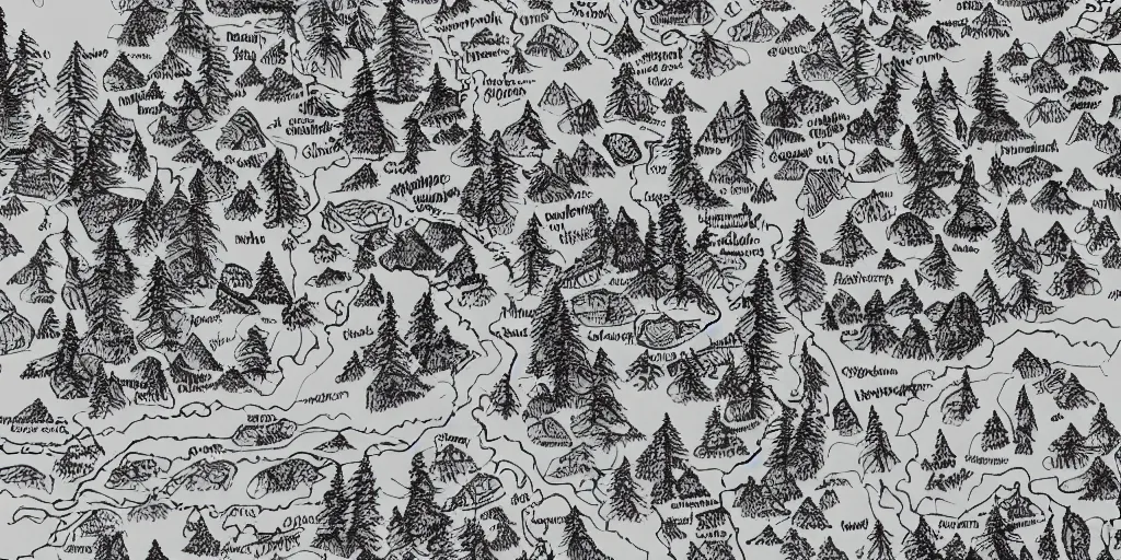 Image similar to A detailed hand drawn map of the forest with mountains and rivers