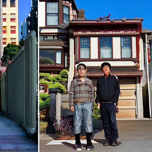 Prompt: hiro and tadashi hamada standing in front of their home in san fransokyo, pixar film,