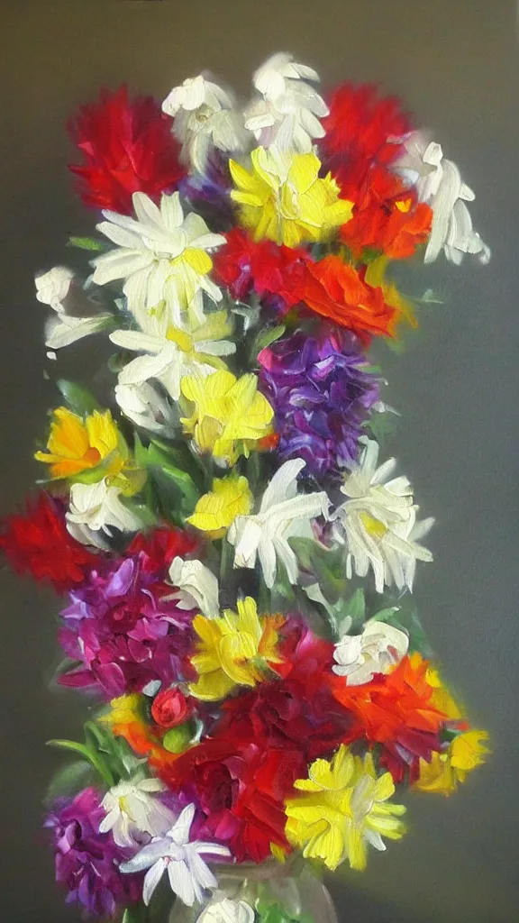 Prompt: oil painting letter M formed from a bouquet of flowers photorealistic