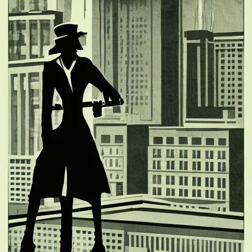 Image similar to concept art 1930's noir style female detective on rooftop above city smoking cigarette