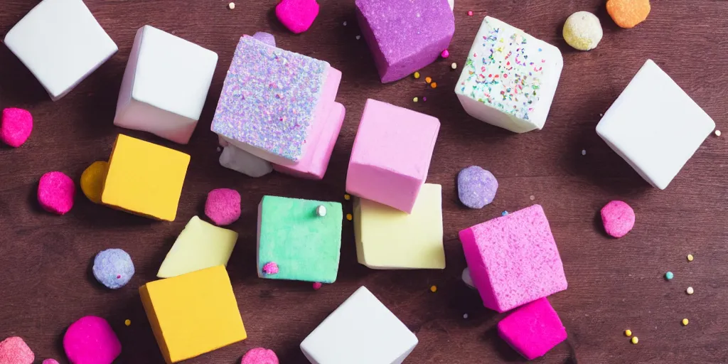 Prompt: photograph of a marshmallow cube with sprinkles and on a dark wooden chopping board, pastel colours, hessian cloth, styled food photography, photorealistic, 4 k