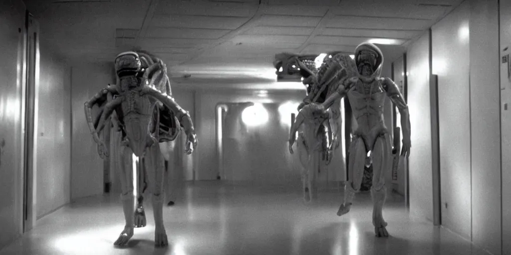 Image similar to Ridley Scott cinematic scene from Alien movie with Ripley running in a corridor alone, low light, dark, grainy, 35 mm, realistic, Panavision PSR R-200