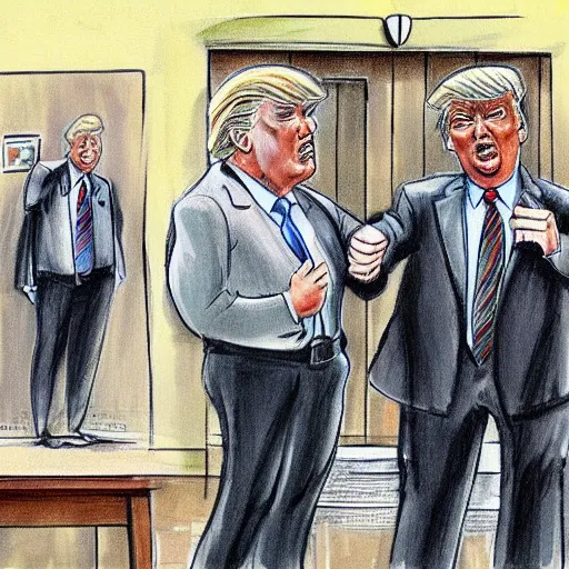 Prompt: a perfect hand drawn picture of donald trump being put into hand cuffs by fbi a gents outside of his florida country club, insanely detailed