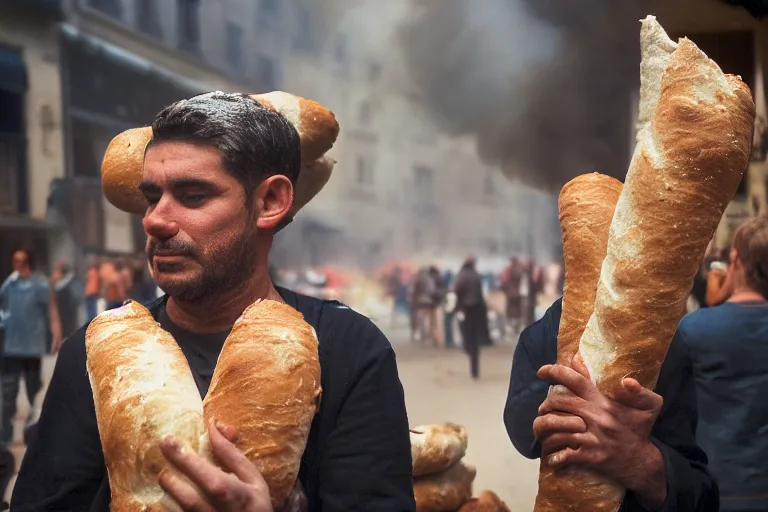 Image similar to closeup potrait of a man carrying baguettes over his head during a scorching fire in Paris, photograph, natural light, sharp, detailed face, magazine, press, photo, Steve McCurry, David Lazar, Canon, Nikon, focus