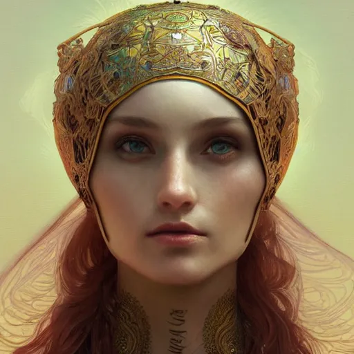 Image similar to portrait of a humanoid robot wearing a veil, mystic, mystical, robot body, intricate, headshot, highly detailed, digital painting, artstation, concept art, sharp focus, cinematic lighting, digital painting, art by artgerm and greg rutkowski, alphonse mucha, cgsociety