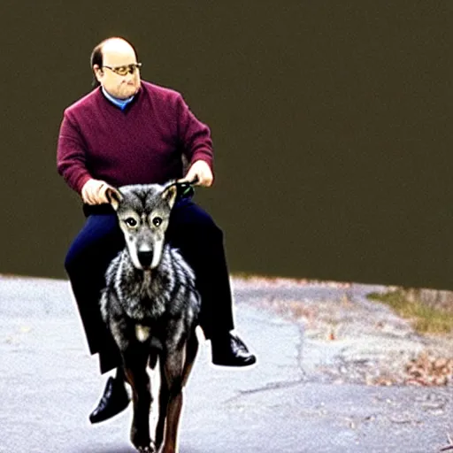 Image similar to George Costanza (from Seinfeld) riding a wolf