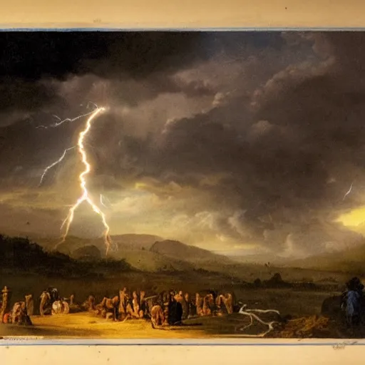 Image similar to a sky god casting lightning down upon a village