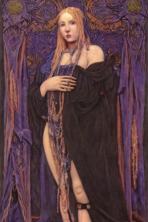 Prompt: a raven dressed as a goth shaman, by Annie Swynnerton and Nicholas Roerich and John Bauer and jean delville and John William Godward and Donato Giancola and Vermeer, black leather and embroidered velvet, iridescent beetles, rich color, dramatic cinematic lighting, featured on Artstation, extremely detailed