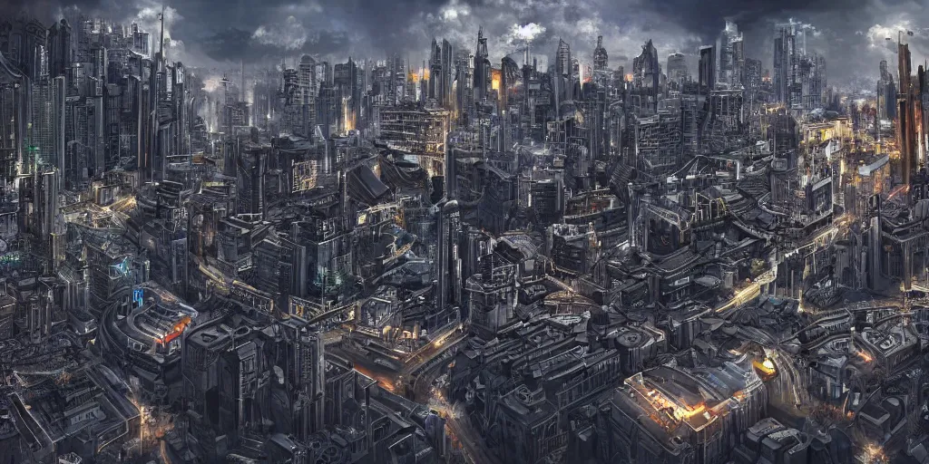 Image similar to futuristic roman empire cityscape with advanced technology, dark setting, 4 k, digital art