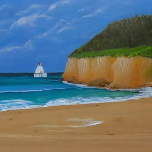 Prompt: a realistic painting of a huge seaside cliff with a beach at the bottom, and small huts in the beach, about to ne washed away by the ocean