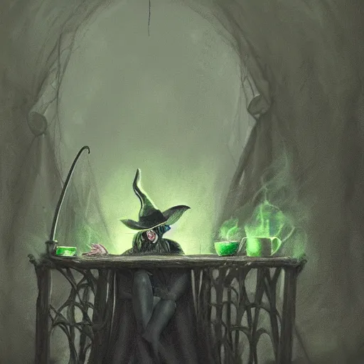 Image similar to close shot of a witch brewing in her lair, depressing, gloomy, tired, detailed, witch hat, dungeon, green smoke, fire, smoke, realism, realistic, hyper detailed, green lighting, ambient lighting, smoke, haze, bokeh, acrylic, digital painting,