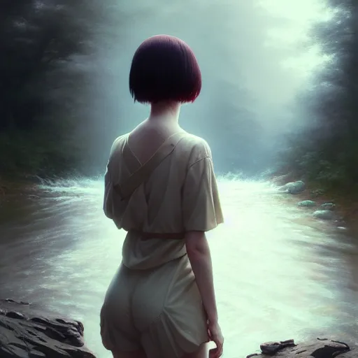 Prompt: girl by tom bagshaw, walking past a flowing river by ilya kuvshinov, rtx reflections, octane render 1 2 8 k, extreme high intricate details by wlop, digital anime art by ross tran, medium shot, close up shot, composition by sana takeda, dramatic lighting by greg rutkowski