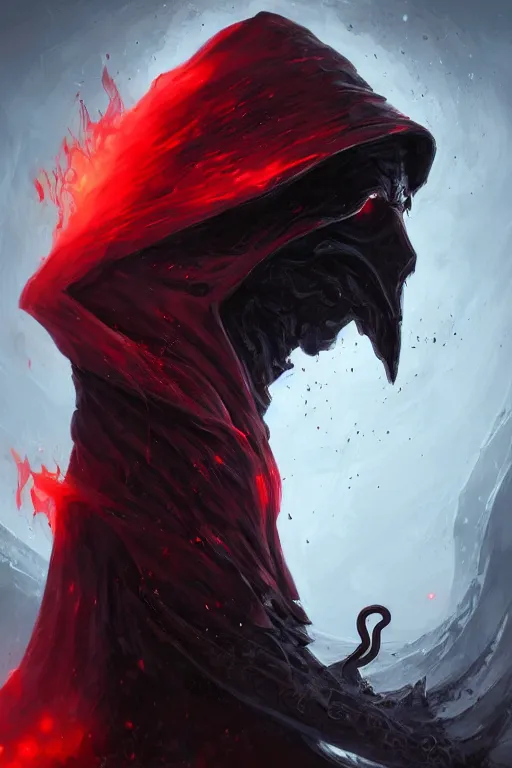 Prompt: A full body portrait of a mysterious character with no face with a very long hooded blood red and black cloak, a blazing crown floating above his head tentacles coming out the ground art by James Paick, and Shaddy Safadi, ominous, cosmic horror, trending on artstation, Ultra detailed, hyper realistic 4k