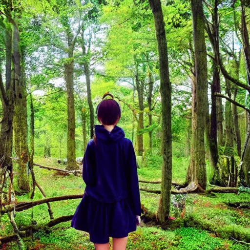Prompt: Anime Girl At A Beautiful Forest With Birds