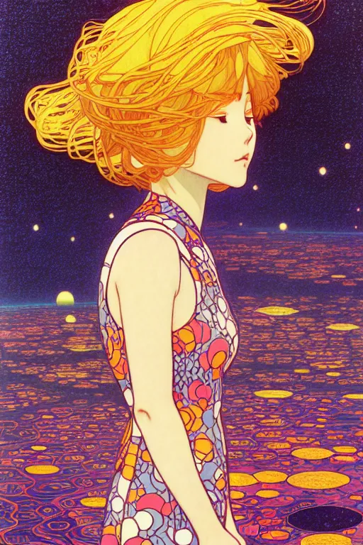 Image similar to a lonely girl floating in a spacestation, akihito yoshida, gustav klimt, yuya nagai, Ilya Kuvshinov, murata range, jean giraud, makoto shinkai, kawaii, alphonse mucha, matte colors, high saturation, detailed, 1990s