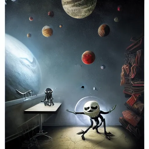 Prompt: michal karcz surrealism painting of the end of an astronaut happy in the galaxy. , in the style of jack skellington, in the style of a clown, loony toons style, horror theme, detailed, elegant, intricate, 4k, Renaissance painting