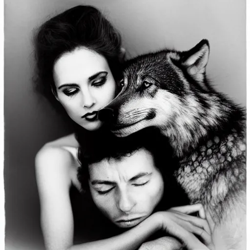 Prompt: the beautiful lady and the wolf, black and white, by richard avedon,