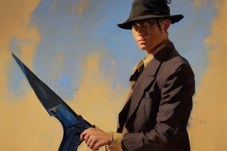 Image similar to greg manchess portrait painting of a blond man in a blue suit with a sword and a pistol, asymmetrical, profile picture, organic painting, sunny day, matte painting, bold shapes, hard edges, street art, trending on artstation, by huang guangjian, gil elvgren, ruan jia, randy vargas, greg rutkowski