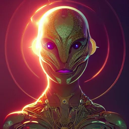 Prompt: hyper advanced cyborg alien ai, sci fi, glowing eyes, volumetric lights, gold theme, art nouveau botanicals, intricate, highly detailed, digital painting, artstation, concept art, smooth, sharp focus, cinematic, illustration, beautiful face, art by artgerm and greg rutkowski and alphonse mucha