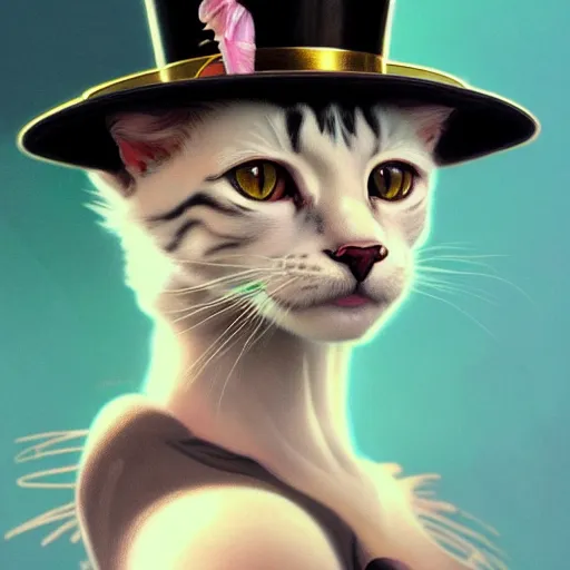 Prompt: close portrait of a fancy cat with a top hat, vaporwave, highly detailed, digital painting, artstation, concept art, smooth, sharp focus, illustration, art by artgerm and greg rutkowski and alphonse mucha