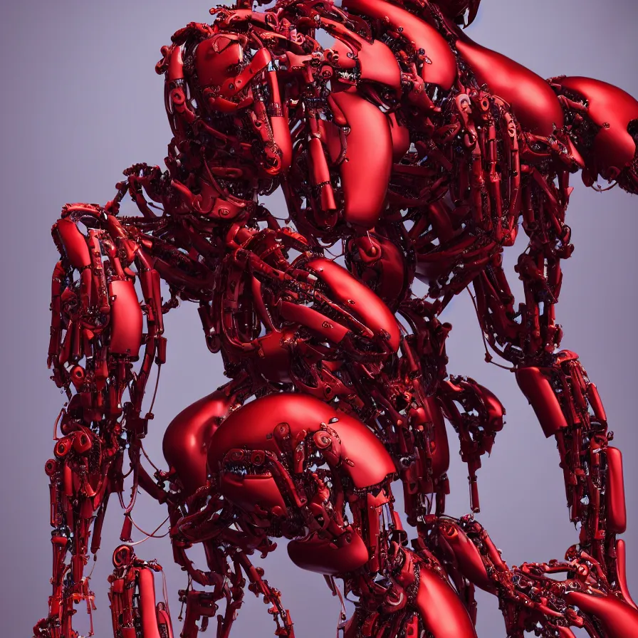 Prompt: statue david, red biomechanical, inflateble shapes, wearing epic bionic cyborg implants, masterpiece, intricate, biopunk futuristic wardrobe, vogue, highly detailed, artstation, concept art, background galaxy, cyberpunk, octane render