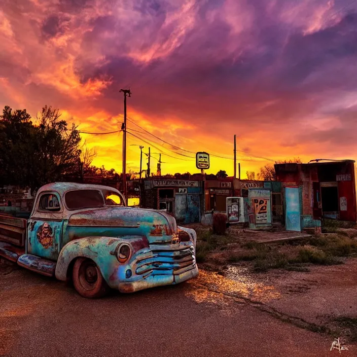 Image similar to a sunset light landscape with historical route 6 6, lots of sparkling details and sun ray ’ s, blinding backlight, smoke, volumetric lighting, colorful, octane, 3 5 mm, abandoned gas station, old rusty pickup - truck, beautiful epic colored reflections, very colorful heavenly, softlight