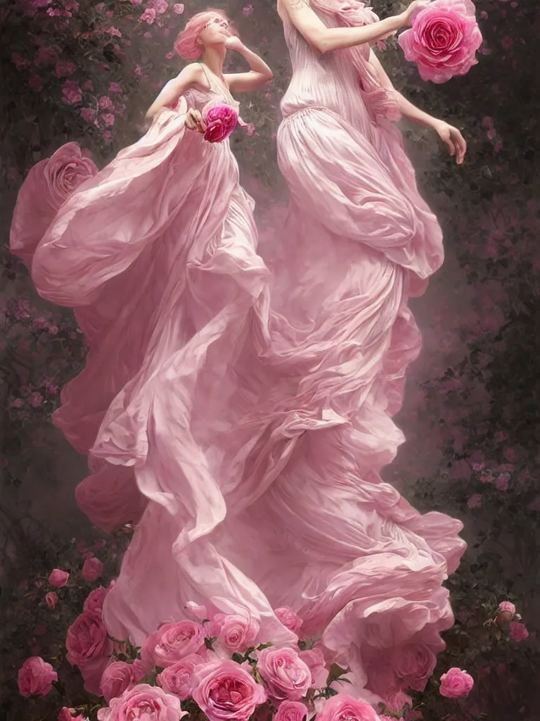 Prompt: !!beautiful!! woman dressed in a vaporous wrapped large victorian pink roses silk semi-transparent dress fashion is running, fantasy, intricate, elegant, highly detailed, digital painting, trending on artstation, concept art, matte, sharp focus, illustration, art by Artgerm and Greg Rutkowski and Alphonse Mucha