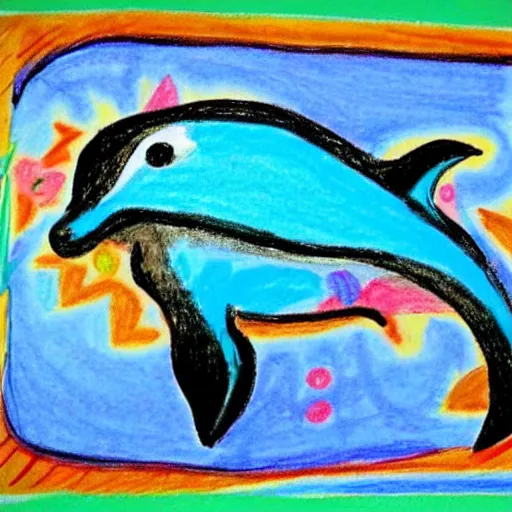 Image similar to child's crayon drawing of a dolphin in the style of mexican folk art