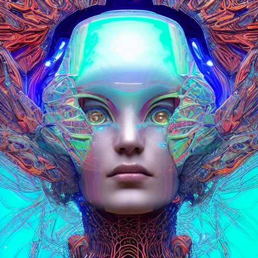 Image similar to Face of a Alien Deity, centered, corals, plume made of geometry, extremly detailed digital painting, sharp focus in the style of android jones, artwork of a futuristic artificial intelligence superstar with frames made of detailed circuits, mystical colors, rim light, beautiful lighting, 8k, stunning scene, raytracing, octane, under water visual distortion, dark tones colors, holographic feeling, trending on artstation