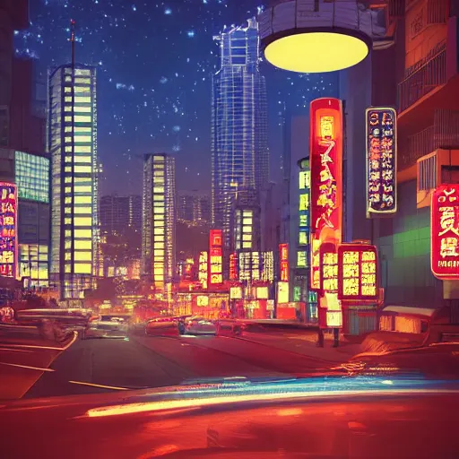 Prompt: city at night, layered japanese kyoto vintage housing mixed with hong kong neon light sign, tower modern casino far away, space ship in the sky, edo era, photorealistic, redshift rendering