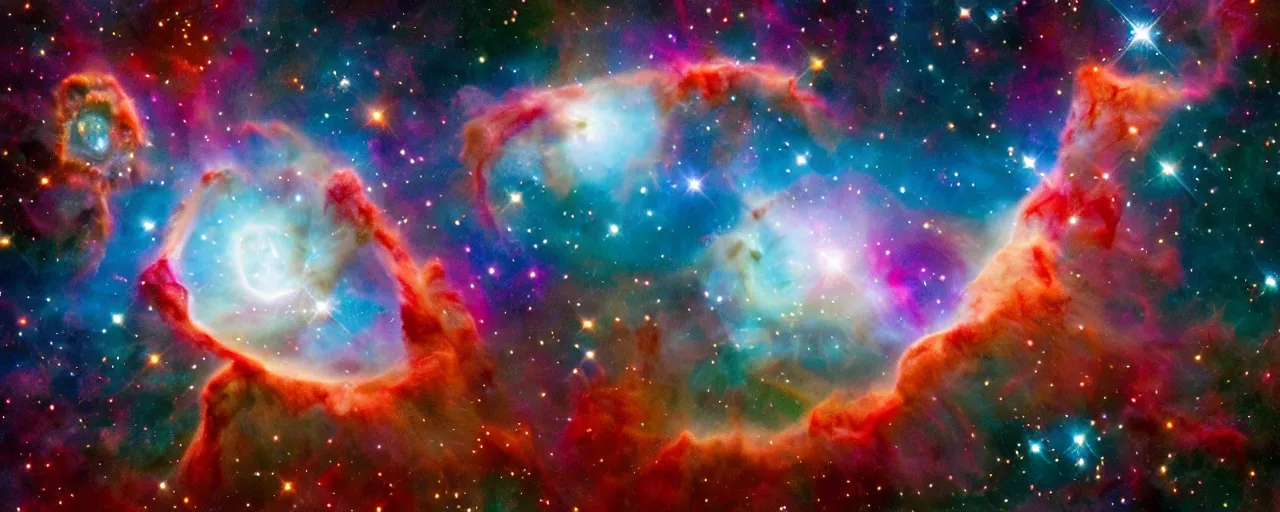 Image similar to chaotic volumetric space nebula, Helix nebula, Pillars of Creation, epic cosmic starfield scene, made by Hubble