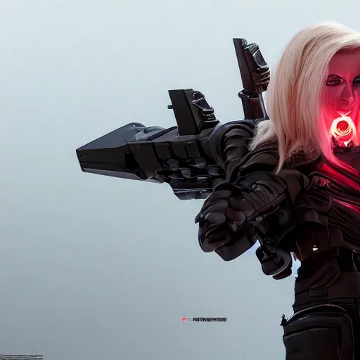 Prompt: close up of evil futuristic dystopian regime soldier, plasma gun, angry, blonde hair, human, female, concept design, contrast, hot toys, kim jung gi, greg rutkowski, zabrocki, karlkka, jayison devadas, trending on artstation, 8 k, ultra wide angle, pincushion lens effect, red and black color scheme